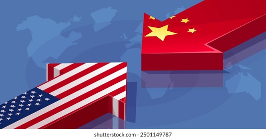 Isometric concept of economic and geopolitical confrontation between the US and China.