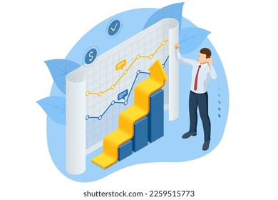 Isometric Concept of Economic Growth and Analytics. Profit Money or Budget. Employee Making Investing Plans, Calculating Benefits