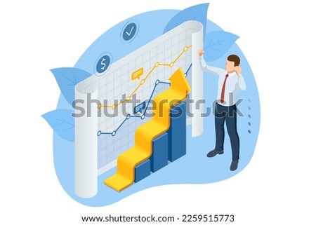 Isometric Concept of Economic Growth and Analytics. Profit Money or Budget. Employee Making Investing Plans, Calculating Benefits
