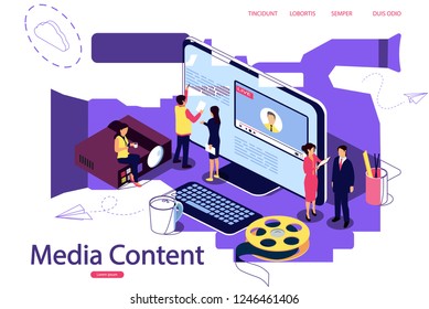 Isometric concept Education. Vector illustration for online education, media content blogging. Internet studying, online book, tutorials. Video Camera as background. Double exposure vector effect.