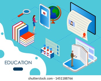 Isometric concept of Educational system with online education e learning process. Vector illustration
