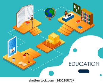 Isometric concept of Educational system with online education e learning process. Vector illustration