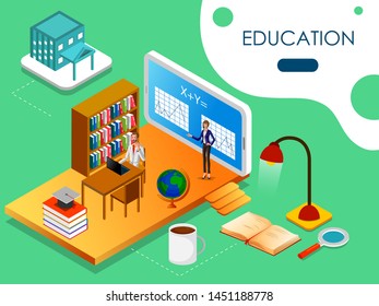 Isometric concept of Educational system with online education e learning process. Vector illustration