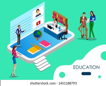 Isometric concept of Educational system with online education e learning process. Vector illustration