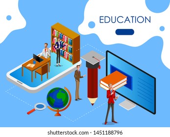 Isometric concept of Educational system with online education e learning process. Vector illustration