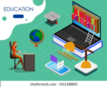 Isometric concept of Educational system with online education e learning process. Vector illustration