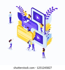 Isometric concept e-education. Communication of students and teachers via the Internet. Concept for a Landing page.