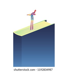 Isometric concept of e-learning with book. Person, woman stay look 3d eBook. Holds a pencil. Paper book with bookmark. Vector illustration.