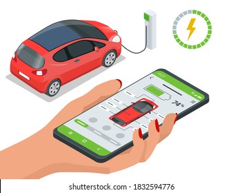 Isometric concept of electric vehicle charge, mobile application for charge management. Car fuel manager smartphone interface.