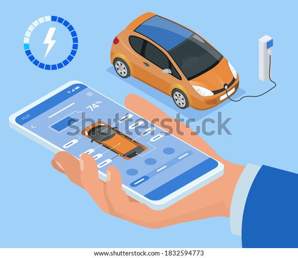 Isometric concept of electric vehicle charge,\
mobile application for charge management. Car fuel manager\
smartphone\
interface.