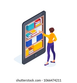 Isometric concept of electronic books. A young woman takes out a book from the bookshelves in the smartphone. 3d concept of online books. Vector illustration.