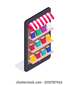 Isometric concept of electronic library. Mobile phone with books on the shelves. 3d concept of electronic books. Vector illustration.