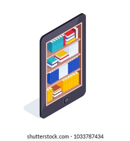 Isometric concept of electronic library. Mobile phone with books inside. 3d concept of electronic books. Vector illustration.