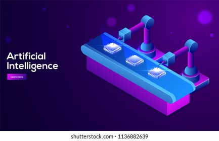 Isometric concept, engineering work with robotic welding machine, artificial processor chip maintenance for Artificial Intelligence (AI) concept based hero banner design.