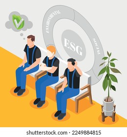 Isometric concept of esg environmental social governance and ethical business with three male workers in uniform 3d vector illustration