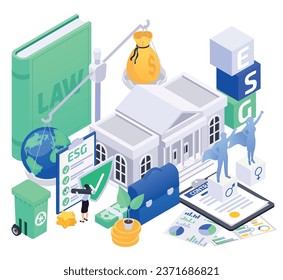 Isometric concept of esg environmental social governance with 3d symbols of ethical rules and business principles vector illustration