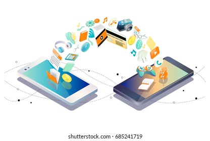 Isometric concept of exchange between  smartphones. Transfer of information,  different applications, on-line services and stationary options. Wireless technology. Vector illustration.