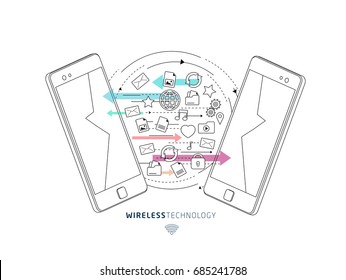 Isometric concept of exchange between  smartphones. Transfer of information,  different applications, on-line services and stationary options. Wireless technology. Vector illustration.