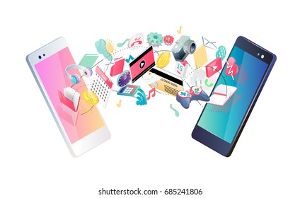 Isometric concept of exchange between  smartphones. Transfer of information,  different applications, on-line services and stationary options. Wireless technology. Vector illustration.