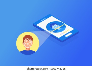 Isometric concept of face identification of young man.