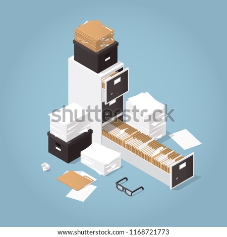 Isometric Concept Folder Archive. Vector illustration with paper, boxes and documents.