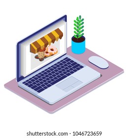 ISOMETRIC CONCEPT OF FOOD ORDERS USING INTERNET, VECTOR ILLUSTRATION