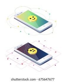 Isometric concept with fractured and unimpaired mobile phones. Vector illustration.