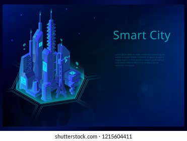Isometric concept with future smart city.