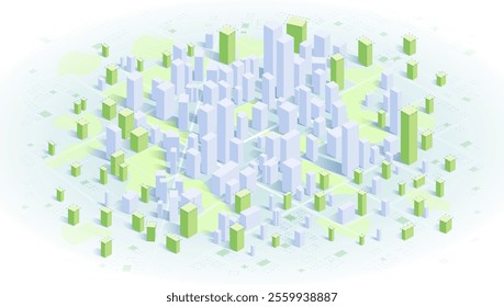 Isometric concept of future urban planning and urban expansion. Highlight new buildings. Cityscape with skyscrapers. Sustainable development of real estate. Vector illustration in minimalist style