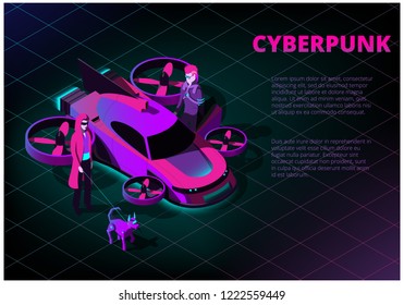 Isometric Concept With Futuristic Flying Car, Man, Woman And Robot Dog On The Theme Of Cyberpunk