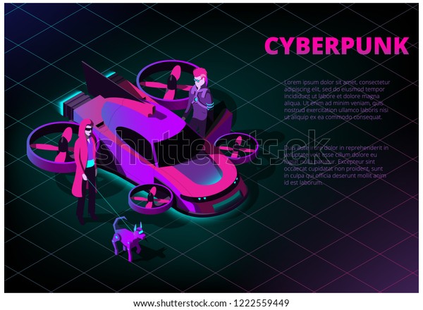 Isometric concept with futuristic\
flying car, man, woman and robot dog on the theme of\
cyberpunk