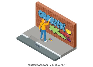 Isometric concept of Graffiti on wall. Urban Contemporary Culture. Street art. Abstract creative drawing fashion colors on the walls of the city.