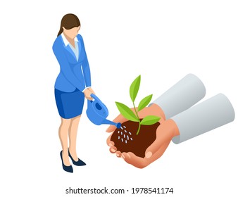 Isometric concept of growth, new life, environment protection and organic planting. Hand holding sprout. Startup, profit, growth, success, investment, investment, income, future, shares