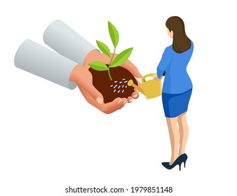 Isometric concept of growth, new life, environment protection and organic planting. Hand holding sprout. Startup, profit, growth, success, investment, investment, income, future, shares