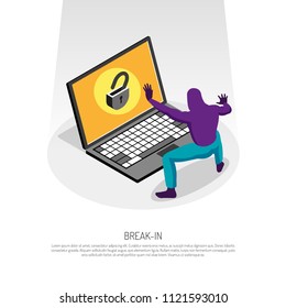 Isometric concept with hacker trying to hack into laptop 3d vector illustration