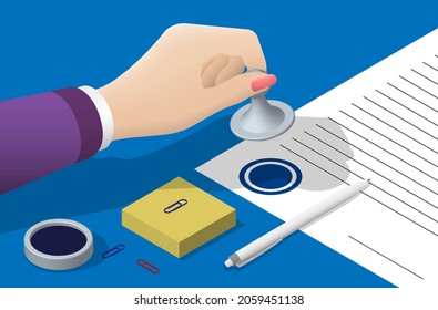 Isometric Concept. Hand of business woman puts stamp on document, long term agreement. Conclusion of certification by signature and seal. Realistic Vector