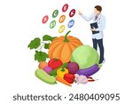 Isometric concept of healthy food, diet planning. This involves nutritious eating, personalized diet or nutrition plans from experts, and nutrition consulting. Vegetables Rich in vitamin C and fibre.