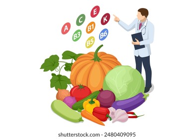 Isometric concept of healthy food, diet planning. This involves nutritious eating, personalized diet or nutrition plans from experts, and nutrition consulting. Vegetables Rich in vitamin C and fibre.