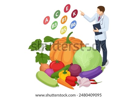 Isometric concept of healthy food, diet planning. This involves nutritious eating, personalized diet or nutrition plans from experts, and nutrition consulting. Vegetables Rich in vitamin C and fibre.