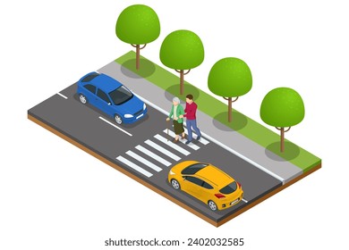 Isometric concept of helping the elderly in the city. A man helps an old woman cross the road at a pedestrian crossing