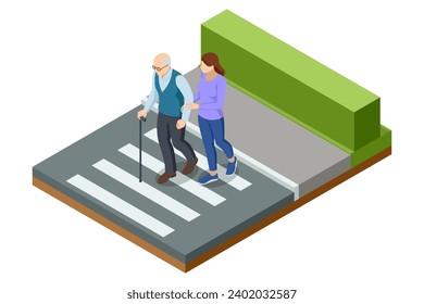 Isometric concept of helping the elderly in the city. A woman helps an old man cross the road at a pedestrian crossing