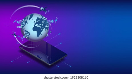 Isometric concept of high speed satellite communication 5g or wifi with smartphone and copy space on blue. 3d planet Earth with cell towers above the phone screen. Banner or website header template. 