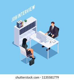 Isometric concept of hiring process. HR-manager and aspirant. 3d workplace with card index. Vector illustration.