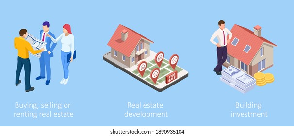 Isometric Concept for Home Agent, Sale and Rent of a House and Buyer or Customer. Property For Sale.