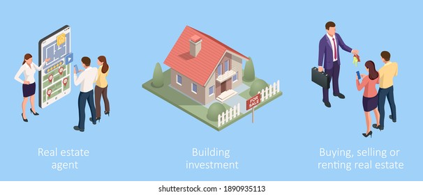 Isometric Concept for Home Agent, Sale and Rent of a House and Buyer or Customer. Property For Sale.