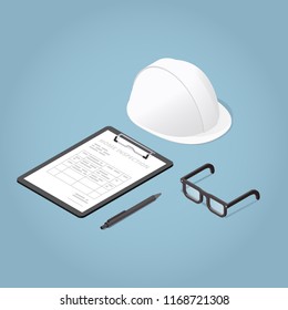 Isometric Concept Home Inspection. Working Tools. Glasses, helmet, clipboard. Production safety. Vector illustration.