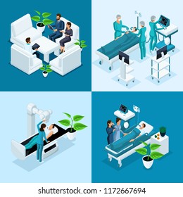 Isometric concept Hospital, Medical MRI Scan, Operating Room with Doctors, Fluorography Process, Surgeon Office, private Clinic.