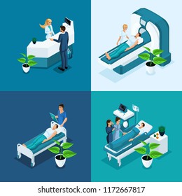 Isometric concept Hospital, Medical MRI Scan, Operating Room with Doctors, Fluorography Process, Surgeon Office, diagnostics private Clinic.