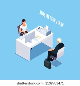 Concepto isométrico del trabajo de hr-manager. Contratando gente. Lugar de trabajo 3D. Ilustración vectorial.