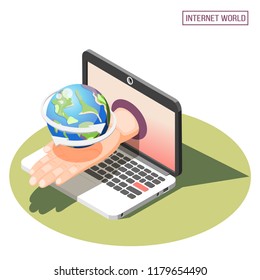 Isometric concept with human hand gesture laptop and earth 3d vector illustration